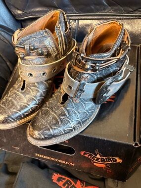 freebird Distressed Black Textured Leather Western Ankle Boots with Tan Accents